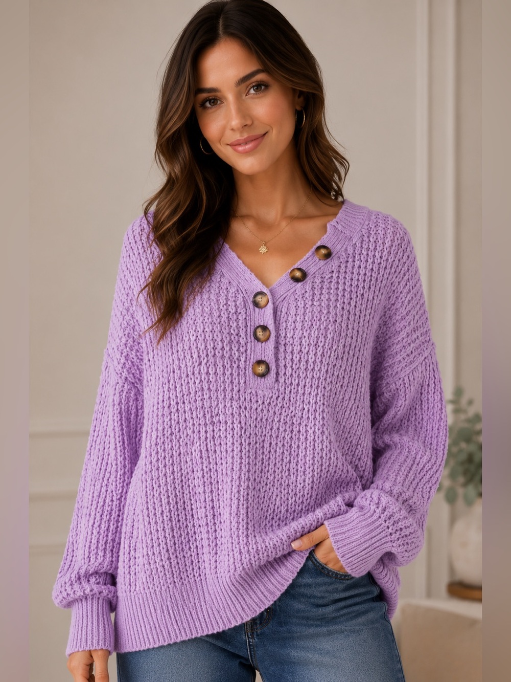 Miracle Lavender Henley V-Neck Lightweight Knit Sweater